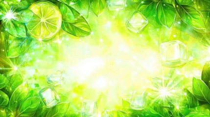 Fresh lemon slices, ice cubes, and green leaves on a bright summer background with ample space for copy or branding.