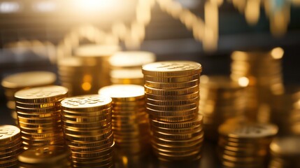Stacks of gold coins with a blurred background of a financial chart in the background.