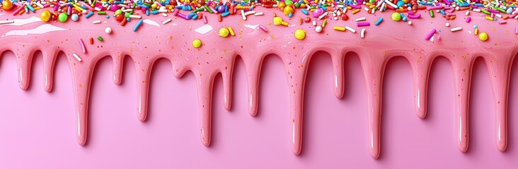 Dripping Pink Glaze with Sprinkles and Balls, 3D Render, Sweet Treats, Dessert, Cake, Bakery, Confectionery