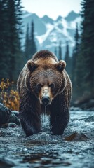 Obraz premium Grizzly bear walking through river.