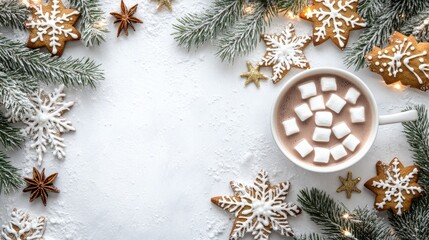 A cozy cup of hot chocolate topped with marshmallows sits beside gingerbread cookies shaped like snowflakes, creating a festive winter treat