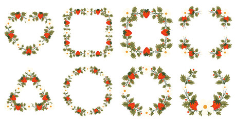 Vector shape of Strawberry flowers frame, Floral border box label of wreath with branch and leaves