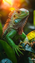 Obraz premium Iguana resting on leaves.
