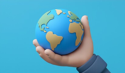 3D Cartoon Hand Holding Earth Globe, 3D Rendering, Blue Background, Earth Day, Global, Sustainability