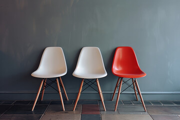 Three minimalist chairs with red accent on tiled floor