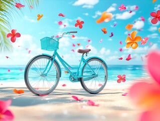 Fototapeta premium Vibrant Blue Bicycle by Sunny Beach: Perfect Poster for Sports Interiors, Capturing Tropical Bliss with Colorful Flowers and a Clear Sky!