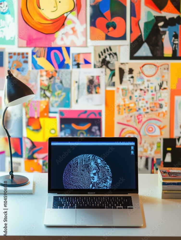 Aufkleber a contemporary workspace features a laptop illuminated by a lamp, surrounded by vibrant artwork, fos