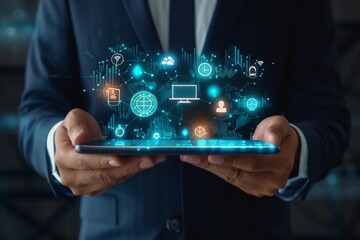 Businessman showcasing technology icons on a digital tablet