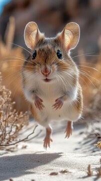 Kangaroo rat jumping in desert.