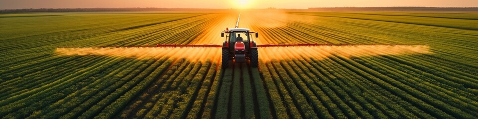Aerial view of tractor spraying pesticides on crops at golden sunset