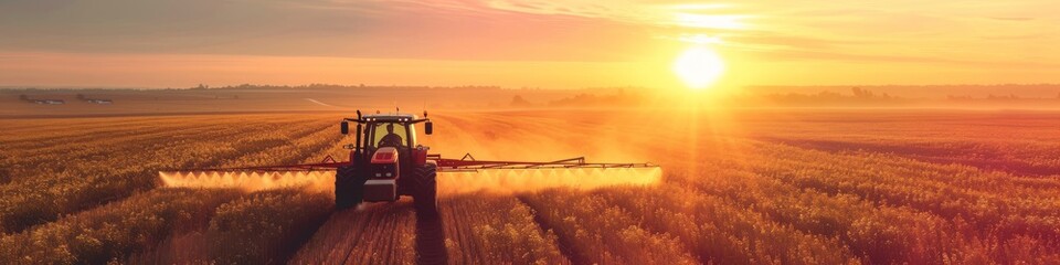 Tractor spraying pesticides over crops in vast farmland at sunset