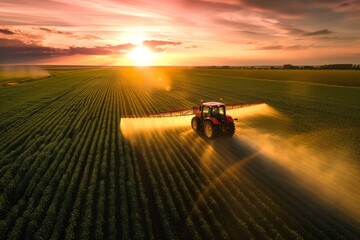 Fototapeta premium Farmer in a tractor spraying crops in sunset light