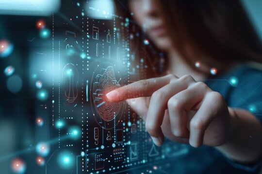 Woman uses biometric authentication on digital touch display