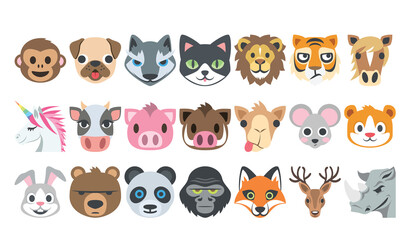 Set of different types of animals isolated on white background, animal vector illustration, animals emoji set, animals faces.