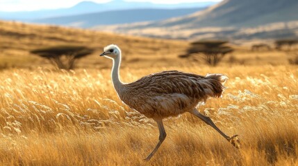 Ostrich running in golden grass.