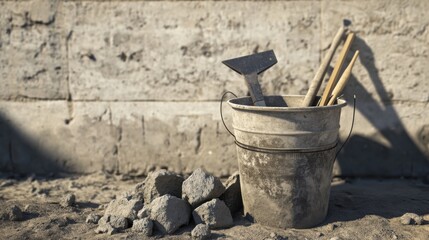 A bucket filled with cement and tools, placed on a construction site