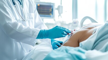 Doctor monitoring a patient receiving stem cell therapy, futuristic setting