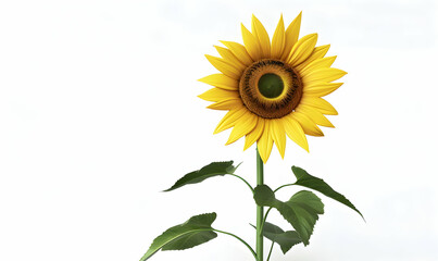 Fototapeta premium A single sunflower with yellow petals and a brown center, with green leaves on a white background.