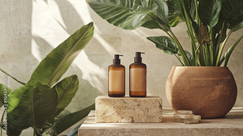 Poster two brown bottles of soap with pumps are on a light brown stone block. the block sits on a wooden su