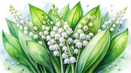 Fototapeta premium Watercolor paintings of Lily of the Valley flowers in wide angle view