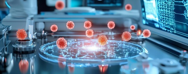 Glowing stem cells surrounded by high-tech medical equipment