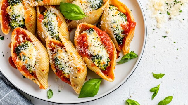 Broccoli and ricotta stuffed shells, isolated on a white porcelain plate, garnished with fresh basil, a sprinkle of Parmesan, and a drizzle of marinara sauce