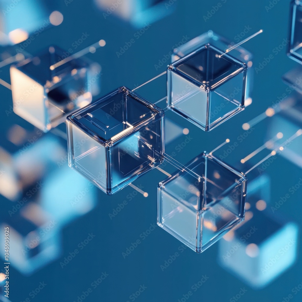 Poster a minimalistic transfer of data visualized by moving digital cubes on a smooth blue background