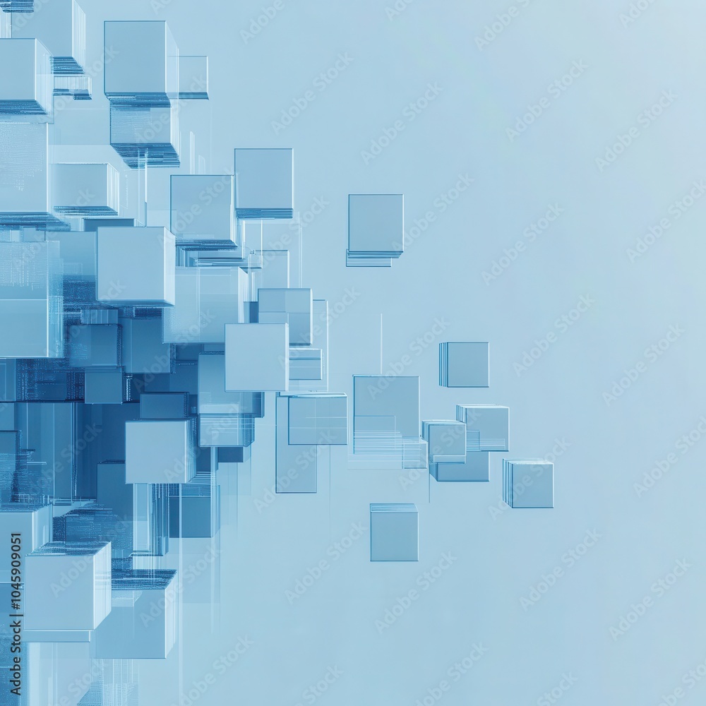 Poster a minimalistic transfer of data visualized by moving digital cubes on a smooth blue background