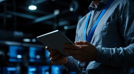 Technician managing data center with tablet in hand