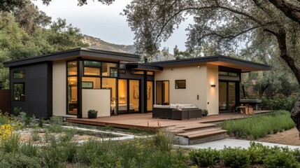A modern, single-story house with a large deck, set against a backdrop of lush green trees and rolling hills. The house features a minimalist design with large windows and a flat roof. 