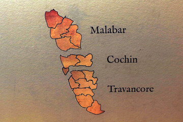 ancient kerala map with malabar kochi and travancore