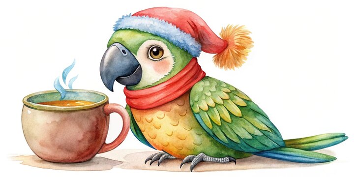 Watercolor parrot holding cocoa mug clipart isolated with soft texture, cozy winter mood, tilted angle