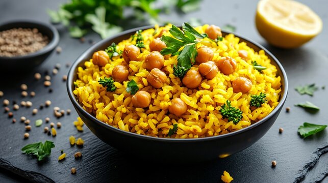 Broccoli rice with roasted chickpeas, isolated on a black slate background, garnished with fresh parsley, cumin seeds, and a drizzle of lemon juice