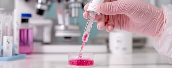 Scientist injecting stem cells into a sample, sterile lab environment