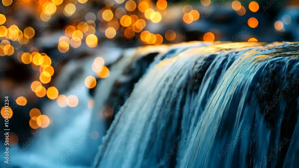 Poster a close-up view of a waterfall cascading over a smooth, dark rock with golden bokeh in the backgroun