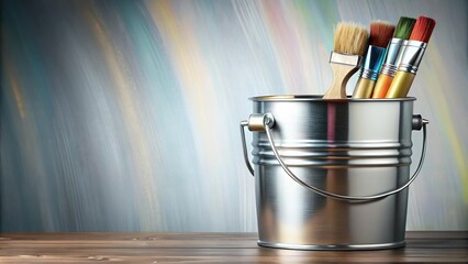 Soft pastel paint in metal bucket with brush strokes photorealistic reflected