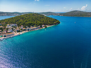 Naklejka premium Aerial view of popular tourist destination in central Dalmatia, small town of Rogoznica, Croatia