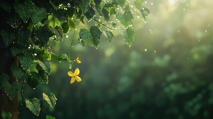   A yellow flower atop a dense, leaf-covered forest brimming with verdant trees
