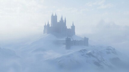 Naklejka premium Enchanting Medieval Winter Wonderland: Snow-covered Hills with Silhouettes of Fortresses under a Gentle Snowfall - Ultra-Detailed Fantasy Landscape