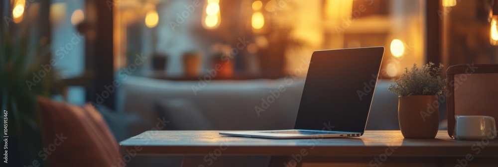 Fototapete a sleek laptop rests on a rustic table in a warmly illuminated space, creating a peaceful atmosphere