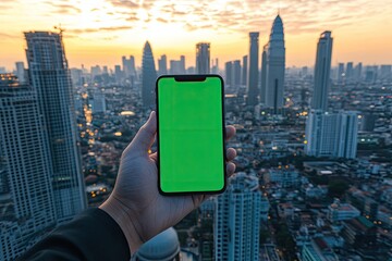 Hand showing a phone with a green screen in front of a cityscape background