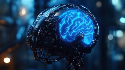 A glowing blue brain inside a robotic skull with a blurred background.