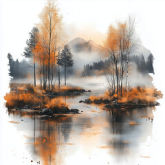 Fototapeta premium An atmospheric watercolor painting depicting a serene autumn landscape by a lakeside. 