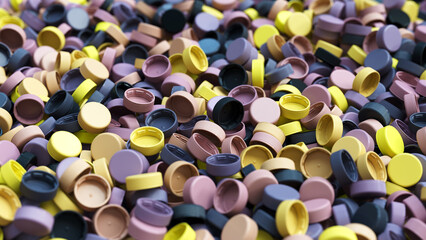 Side view on a pile of colorful plastic bottle caps with shallow DOF. Plastic industry product. Garbage reuse. 3d render illustration