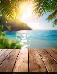 Rustic wooden table under palm leaves with a stunning tropical beach view at sunset. Generative AI