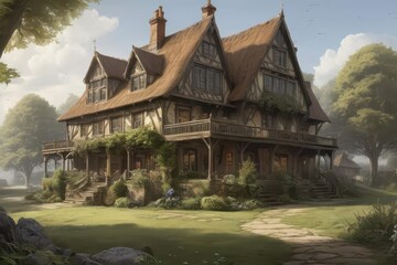 ai generated mansion house in modern and classic natural style in the village