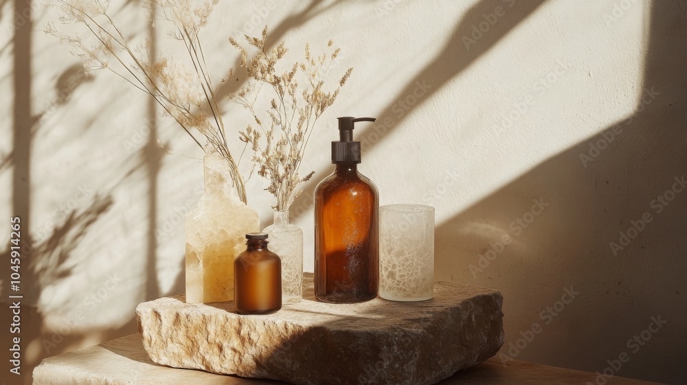 Aufkleber Glass bottles of various shapes and sizes sit on a light-colored rock. The bottles are in the sunlight and cast shadows on the surface of the rock.