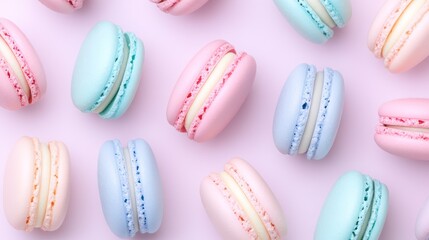 pastel colored macarons on pink background flat lay
