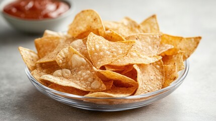 Enjoying a delicious snack of corn chips with tangy sauce served in a transparent plate on a light gray table setting