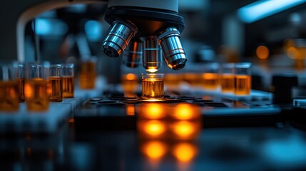 Microscope in a sterile futuristic lab room analyzing samples on a glass dish